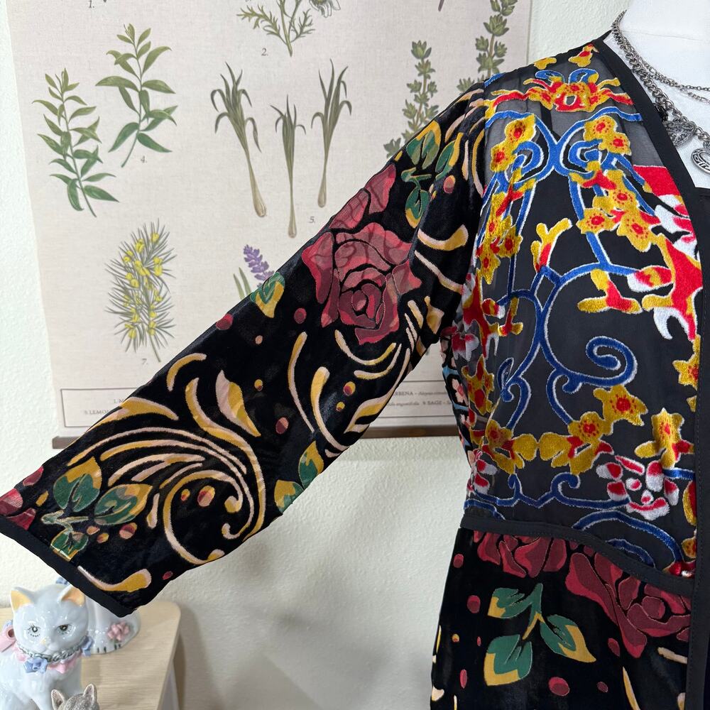 Floral Patchwork Burnout Velvet Jacket Whimsigoth Dark Fairy Y2k Artsy Boho PS - Picture 4 of 9